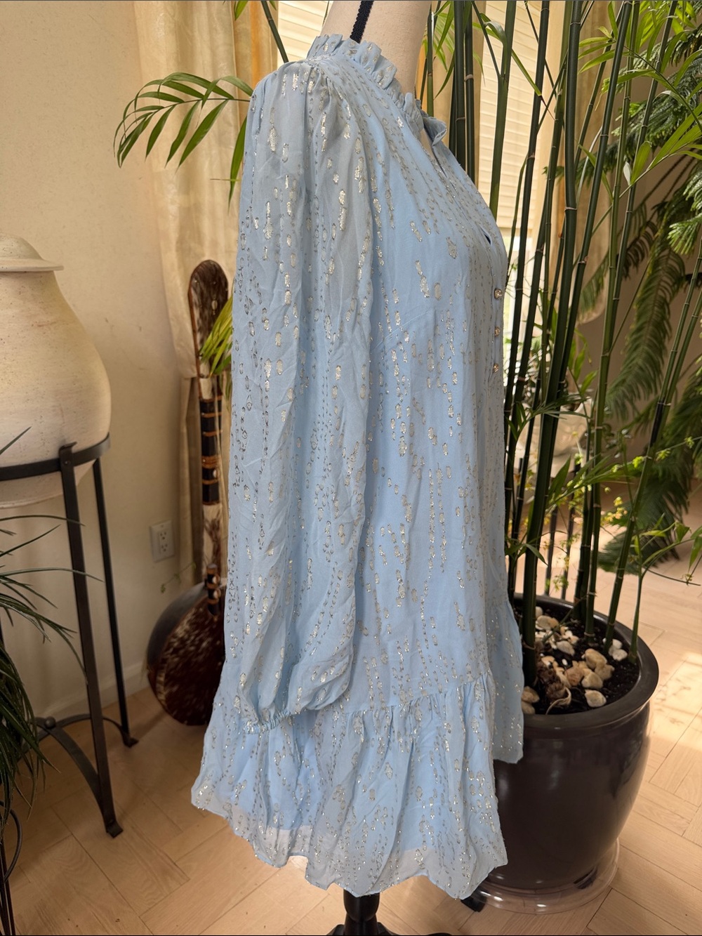Lilly Pulitzer Pale Blue Metallic-Print Long Sleeve Ruffle Dress - Picture 5 of 10